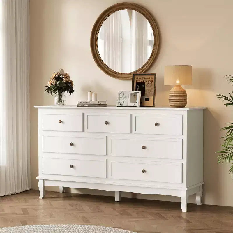 Bahut moderne à 7 tiroirs, buffet blanc avec pieds en bois
