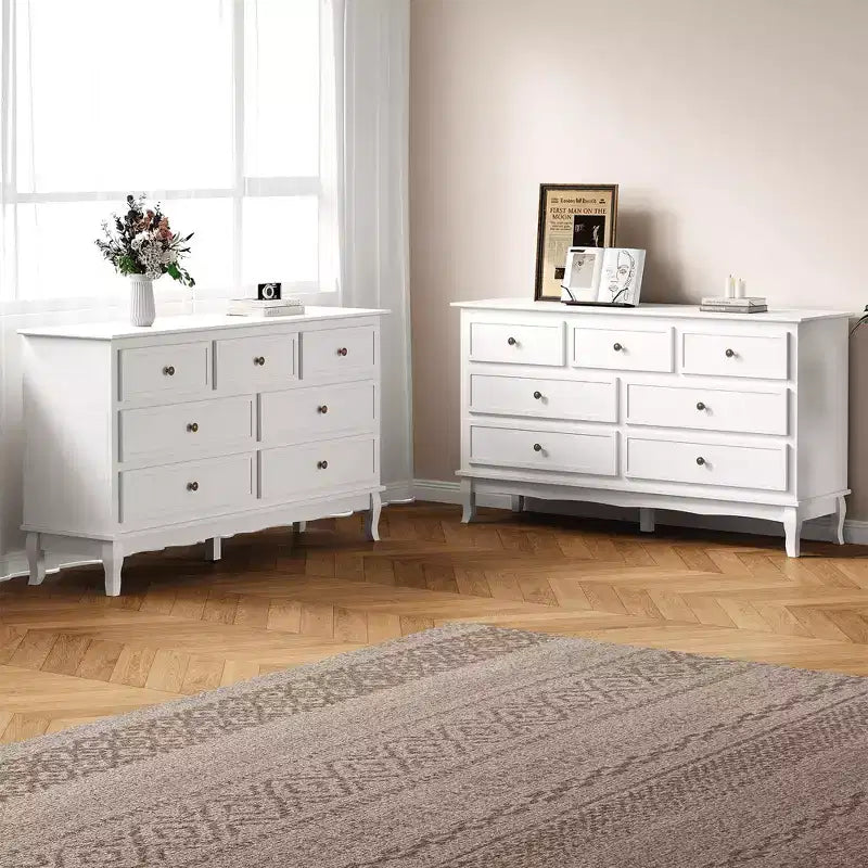 Bahut moderne à 7 tiroirs, buffet blanc avec pieds en bois