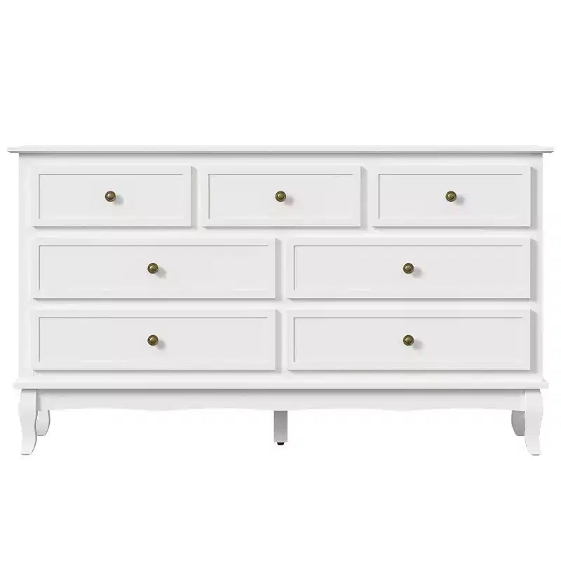Bahut moderne à 7 tiroirs, buffet blanc avec pieds en bois