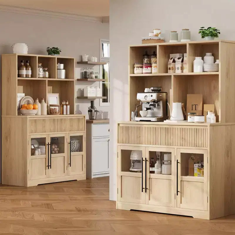 COZONY 60 Meuble de Rangement de Cuisine avec Portes en Verre et Tiroirs, Buffet de Bar à Café Style Ferme avec Comptoir pour Salle à Manger