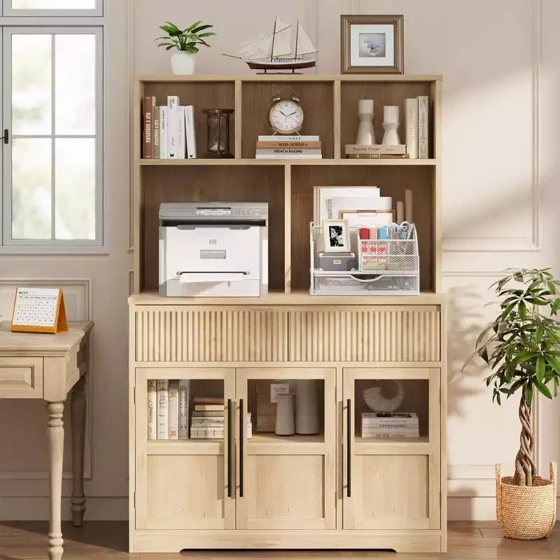 COZONY 60 Meuble de Rangement de Cuisine avec Portes en Verre et Tiroirs, Buffet de Bar à Café Style Ferme avec Comptoir pour Salle à Manger