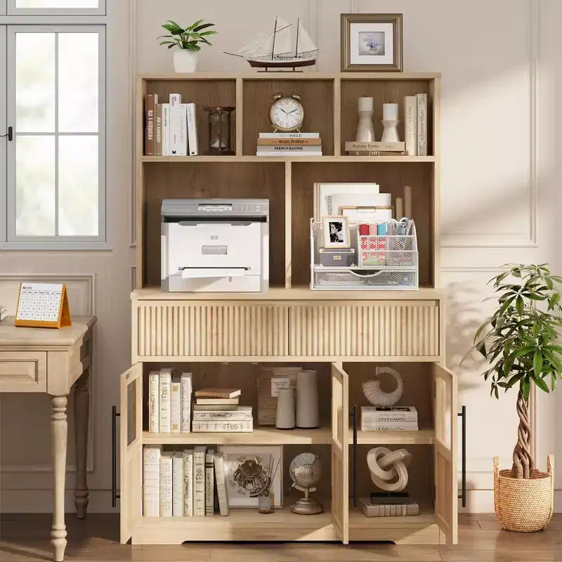 COZONY 60 Meuble de Rangement de Cuisine avec Portes en Verre et Tiroirs, Buffet de Bar à Café Style Ferme avec Comptoir pour Salle à Manger