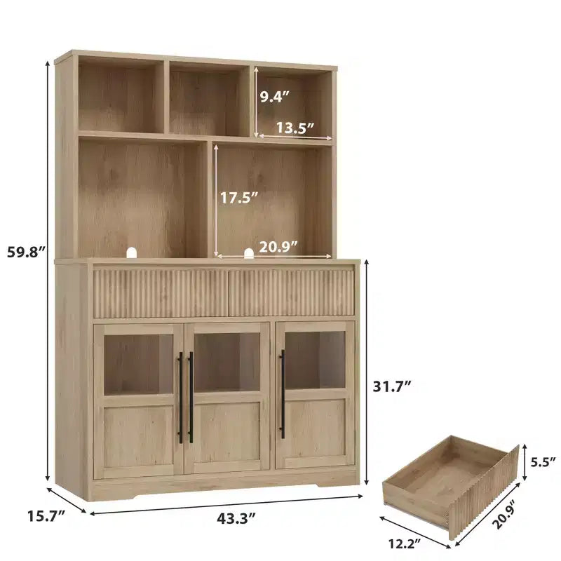 COZONY 60 Meuble de Rangement de Cuisine avec Portes en Verre et Tiroirs, Buffet de Bar à Café Style Ferme avec Comptoir pour Salle à Manger
