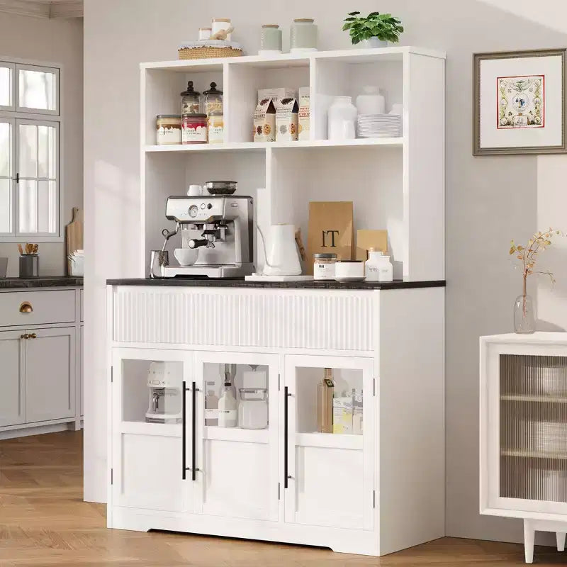 COZONY 60 Meuble de Rangement de Cuisine avec Portes en Verre et Tiroirs, Buffet de Bar à Café Style Ferme avec Comptoir pour Salle à Manger