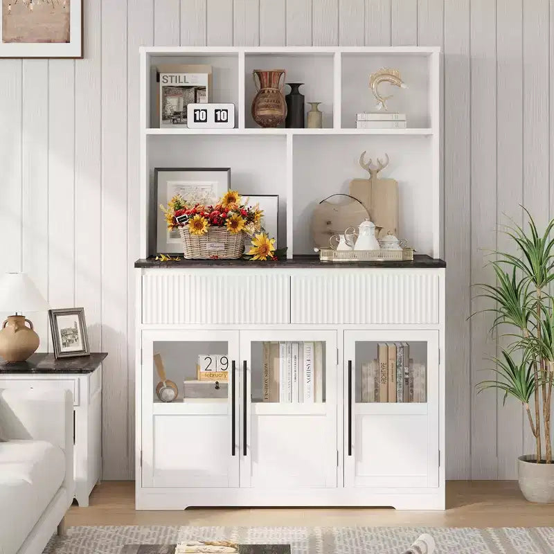 COZONY 60 Meuble de Rangement de Cuisine avec Portes en Verre et Tiroirs, Buffet de Bar à Café Style Ferme avec Comptoir pour Salle à Manger