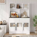 COZONY 60 Meuble de Rangement de Cuisine avec Portes en Verre et Tiroirs, Buffet de Bar à Café Style Ferme avec Comptoir pour Salle à Manger