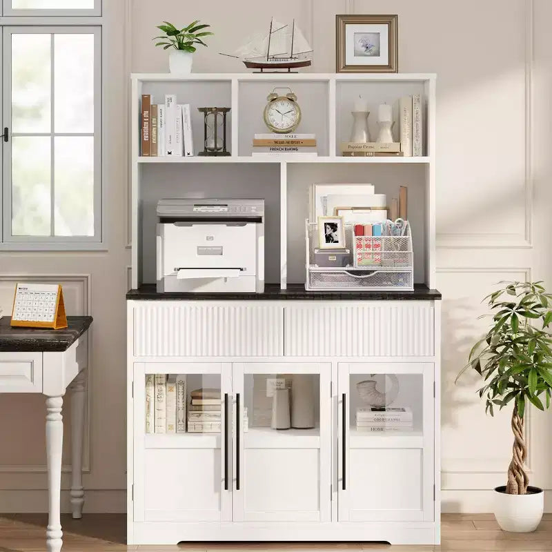 COZONY 60 Meuble de Rangement de Cuisine avec Portes en Verre et Tiroirs, Buffet de Bar à Café Style Ferme avec Comptoir pour Salle à Manger