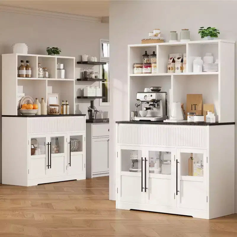 COZONY 60 Meuble de Rangement de Cuisine avec Portes en Verre et Tiroirs, Buffet de Bar à Café Style Ferme avec Comptoir pour Salle à Manger