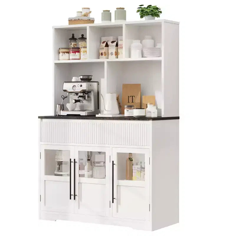 COZONY 60 Kitchen Pantry Cabinet with Glass Doors & Drawers, Farmhouse Coffee Bar Storage Cabinet with Countertop for Dining Room