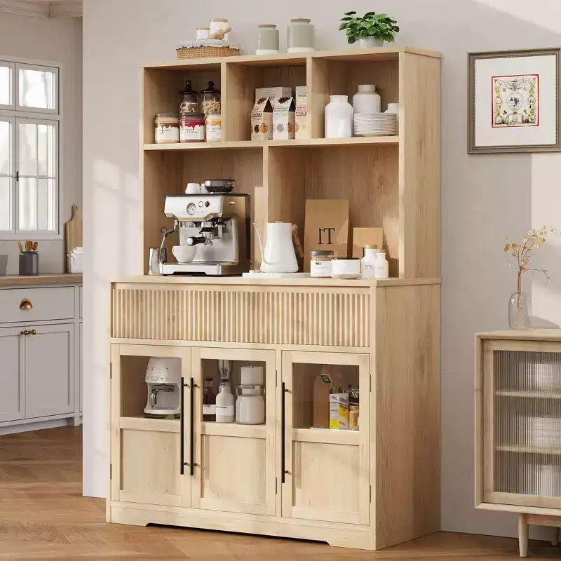 COZONY 60 Meuble de Rangement de Cuisine avec Portes en Verre et Tiroirs, Buffet de Bar à Café Style Ferme avec Comptoir pour Salle à Manger
