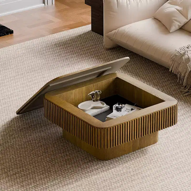 Table basse carrée JVNOXK 80 cm avec rangement, placage bois massif, table d'appoint moderne pour salon, appartement ou bureau, marron