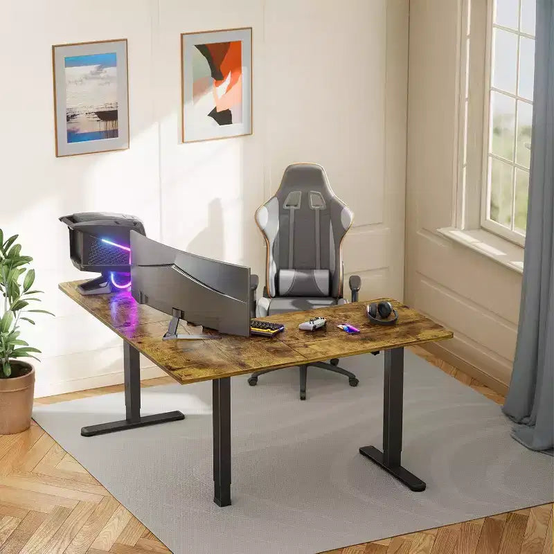 Bureau Debout en L ErGear, 160x140 cm Bureau Assis-Debout Électrique Réglable en Hauteur, Grande Table d'Ordinateur Ergonomique, Idéal pour Bureau à Domicile