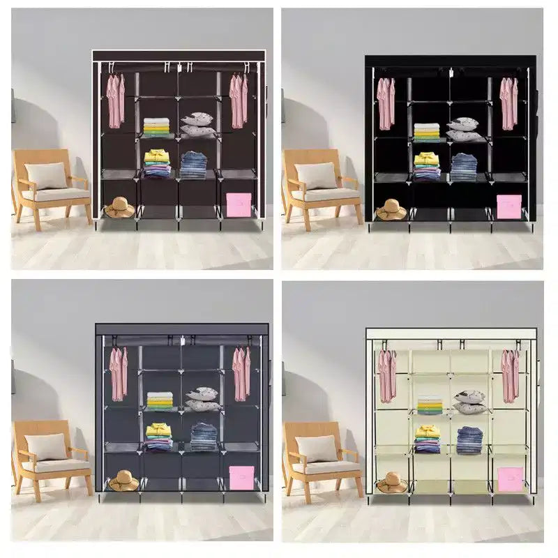 Karl Home 12-Cube Portable Closet Wardrobe with 2 Hanging Rods & 4 Side Pockets, 4-Tier Non-Woven Fabric Storage Organizer Grey