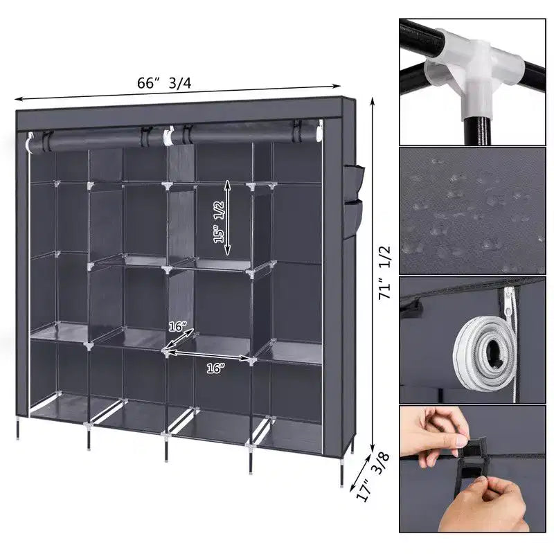Karl Home Armoire portable 12 cubes avec 2 tringles de suspension et 4 poches latérales, organiseur de rangement 4 niveaux en tissu non tissé gris