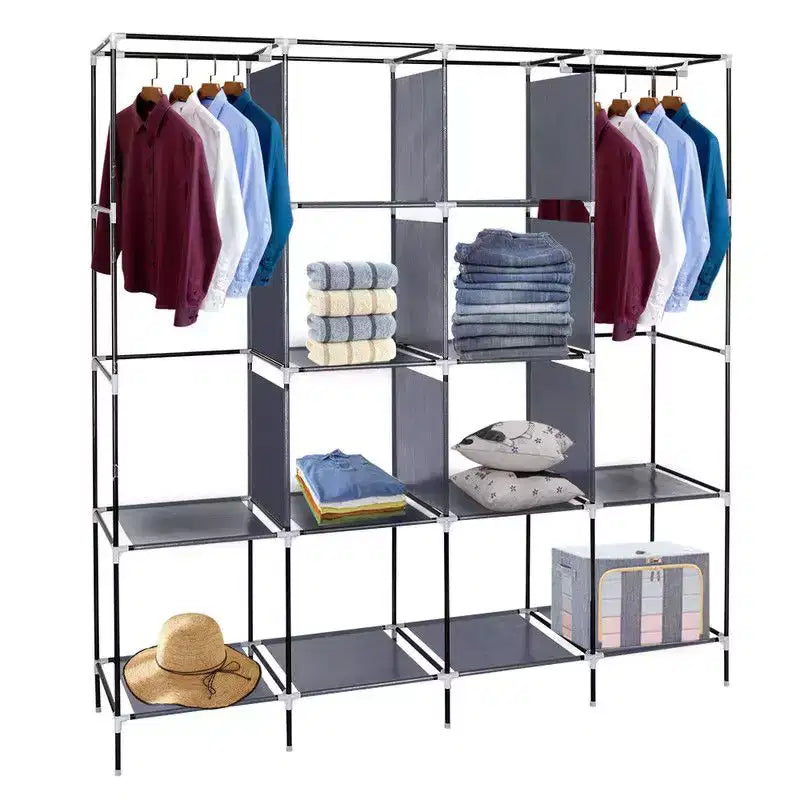 Karl Home Armoire portable 12 cubes avec 2 tringles de suspension et 4 poches latérales, organiseur de rangement 4 niveaux en tissu non tissé gris