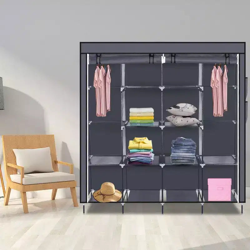 Karl Home Armoire portable 12 cubes avec 2 tringles de suspension et 4 poches latérales, organiseur de rangement 4 niveaux en tissu non tissé gris