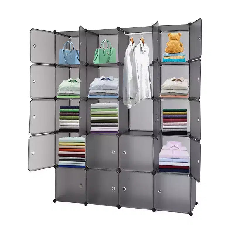 Karl Home Armoire modulable 20 cubes avec 1 tringle de suspension, organisateur de rangement en plastique DIY à 5 niveaux, Gris