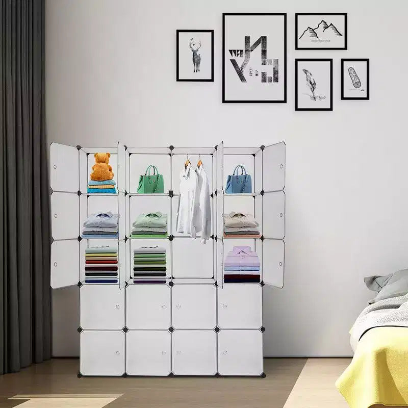 Karl Home Armoire modulable 20 cubes avec 1 tringle et 5 niveaux de rangement en plastique à monter soi-même Blanc