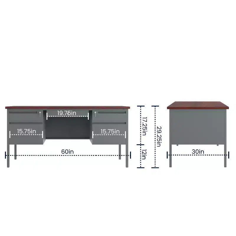 Flash Furniture Cambridge, bureau double piédestal de qualité commerciale 76x152 cm avec 5 tiroirs verrouillables, plateau couleur acajou et cadre gris anthracite