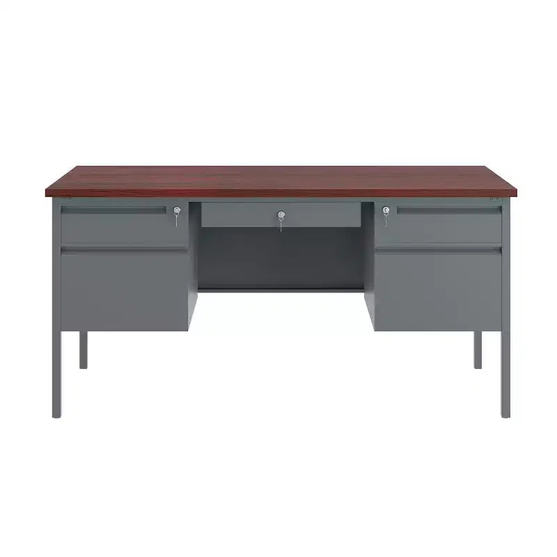 Flash Furniture Cambridge, bureau double piédestal de qualité commerciale 76x152 cm avec 5 tiroirs verrouillables, plateau couleur acajou et cadre gris anthracite
