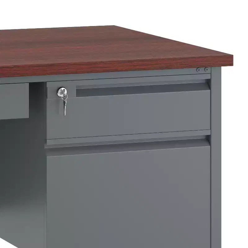 Flash Furniture Cambridge, bureau double piédestal de qualité commerciale 76x152 cm avec 5 tiroirs verrouillables, plateau couleur acajou et cadre gris anthracite