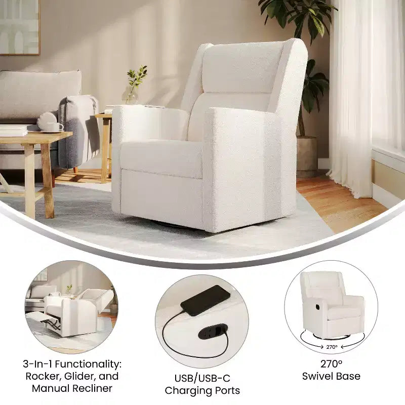 Fauteuil inclinable manuel Flash Furniture Cash avec pivotement à 270 degrés, ports de chargement USB/USB-C, parfait pour le salon ou la chambre d'enfant