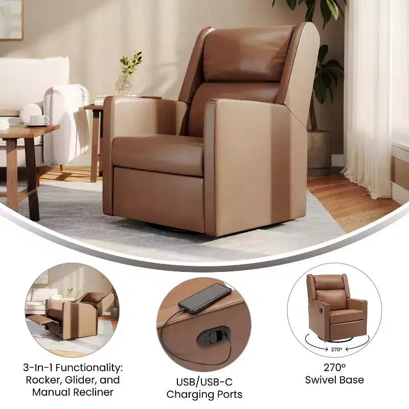 Fauteuil inclinable manuel Flash Furniture Cash avec pivotement à 270 degrés, ports de chargement USB/USB-C, parfait pour le salon ou la chambre d'enfant