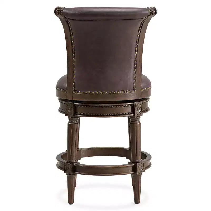 Tabouret de comptoir pivotant ROME + OAK Runyan 26, tabouret de bar à haut dossier rotatif au fini noyer foncé avec siège en cuir végétalien brun vintage