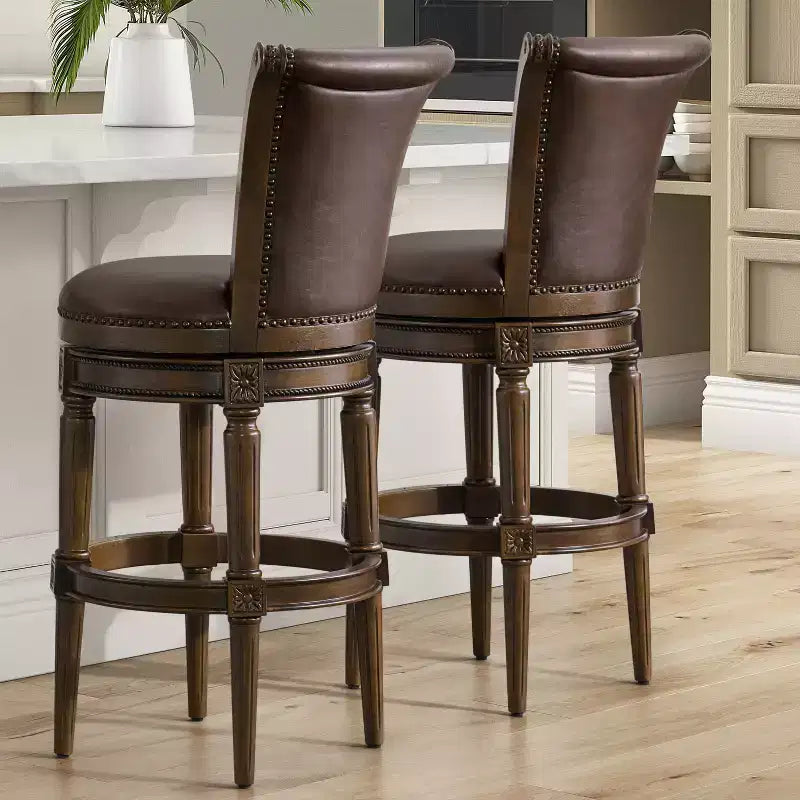 Tabouret de comptoir pivotant ROME + OAK Runyan 26, tabouret de bar à haut dossier rotatif au fini noyer foncé avec siège en cuir végétalien brun vintage