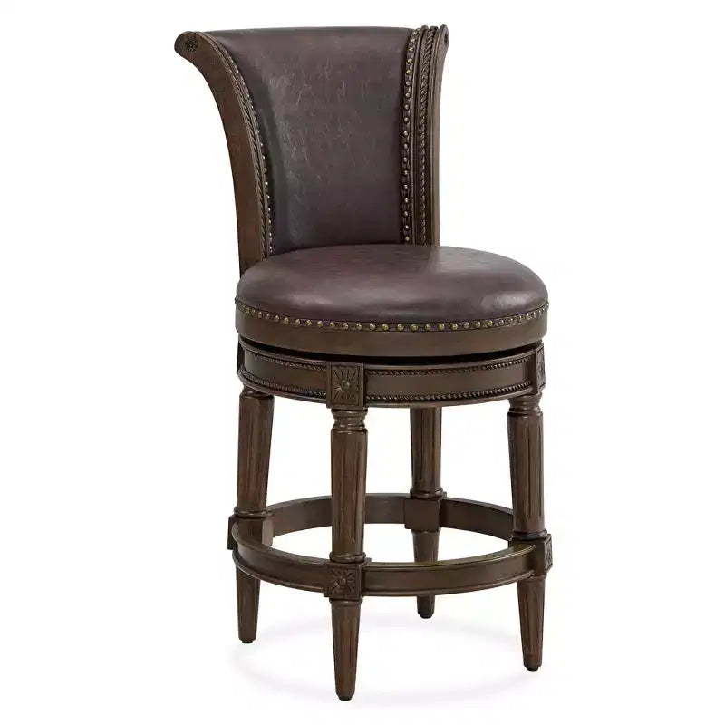 Tabouret de comptoir pivotant ROME + OAK Runyan 26, tabouret de bar à haut dossier rotatif au fini noyer foncé avec siège en cuir végétalien brun vintage