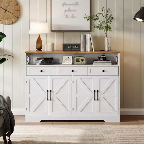 51 Farmhouse Buffet Sideboard Cabinet, Kitchen Hutch Pantry Coffee Bar with Storage, Open Shelf, Charging Station, 4 Barn Doors & 3 Drawers