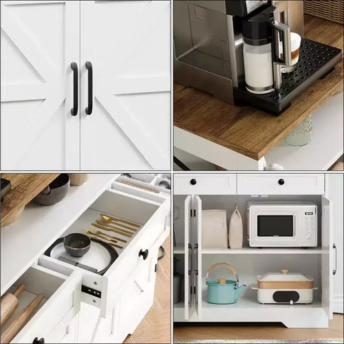 Buffet vaisselier de ferme 51 pouces, placard de cuisine, meuble de rangement pour bar à café avec étagère ouverte, station de charge, 4 portes coulissantes et 3 tiroirs