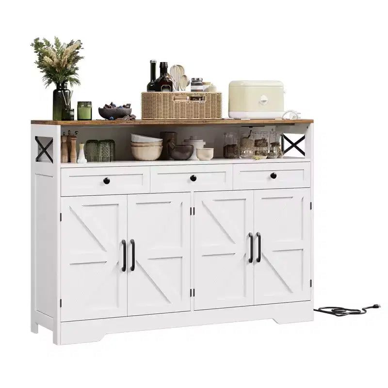 Buffet vaisselier de ferme 51 pouces, placard de cuisine, meuble de rangement pour bar à café avec étagère ouverte, station de charge, 4 portes coulissantes et 3 tiroirs