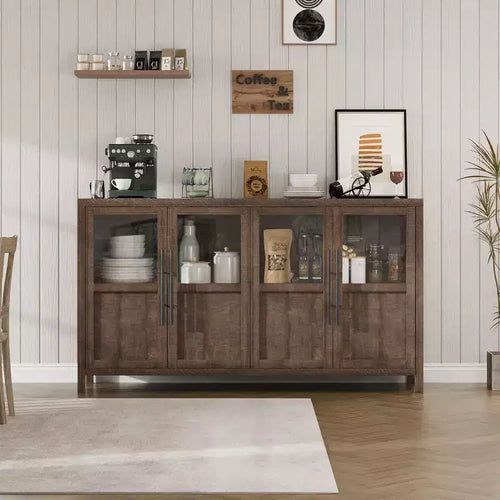 55 Large Farmhouse Sideboard Buffet Cabinet, Wooden Kitchen Storage Cabinet with Glass Doors, Coffee Bar Buffet Table for Dining Room Living Room