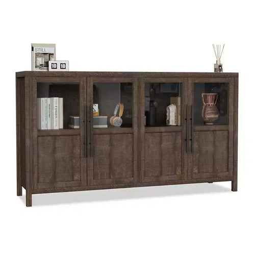 Buffet de ferme 55" de grande taille, meuble de rangement de cuisine en bois avec portes vitrées, buffet-bar à café pour salle à manger et salon