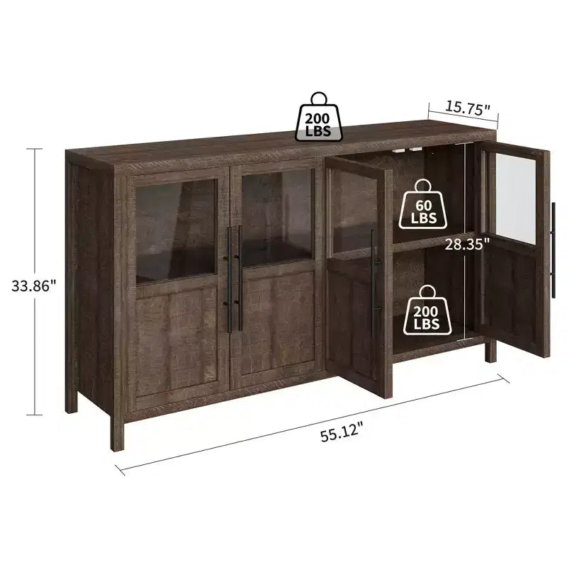Buffet de ferme 55" de grande taille, meuble de rangement de cuisine en bois avec portes vitrées, buffet-bar à café pour salle à manger et salon