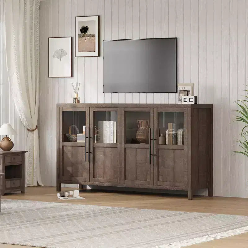 Buffet de ferme 55" de grande taille, meuble de rangement de cuisine en bois avec portes vitrées, buffet-bar à café pour salle à manger et salon