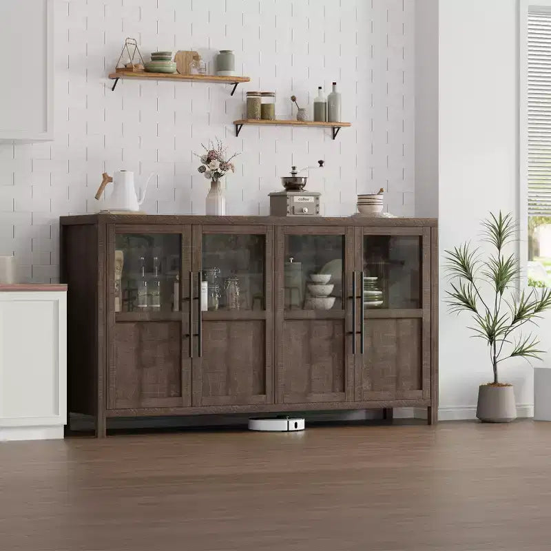 Buffet de ferme 55" de grande taille, meuble de rangement de cuisine en bois avec portes vitrées, buffet-bar à café pour salle à manger et salon