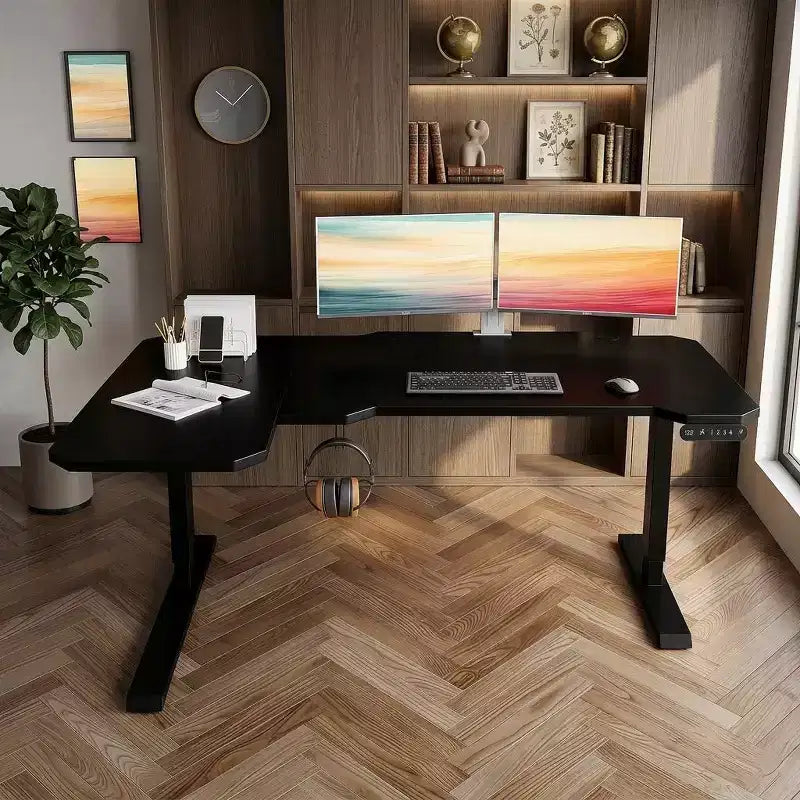 JVNOXK Bureau d'angle réglable en hauteur électrique de 150 cm, bureau d'ordinateur assis-debout pour bureau à domicile, noir