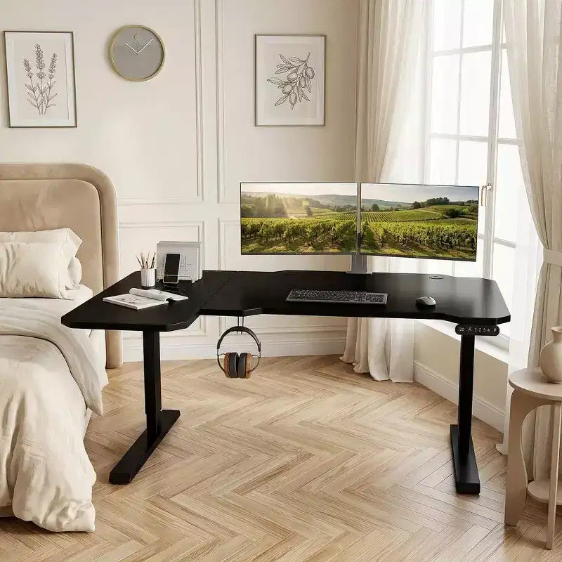 JVNOXK Bureau d'angle réglable en hauteur électrique de 150 cm, bureau d'ordinateur assis-debout pour bureau à domicile, noir