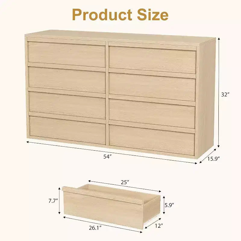 Commode à 8 tiroirs pour chambre à coucher, commode en bois de chêne naturel avec grands tiroirs de rangement, organisateur pour salon, entrée, chambre d'enfant