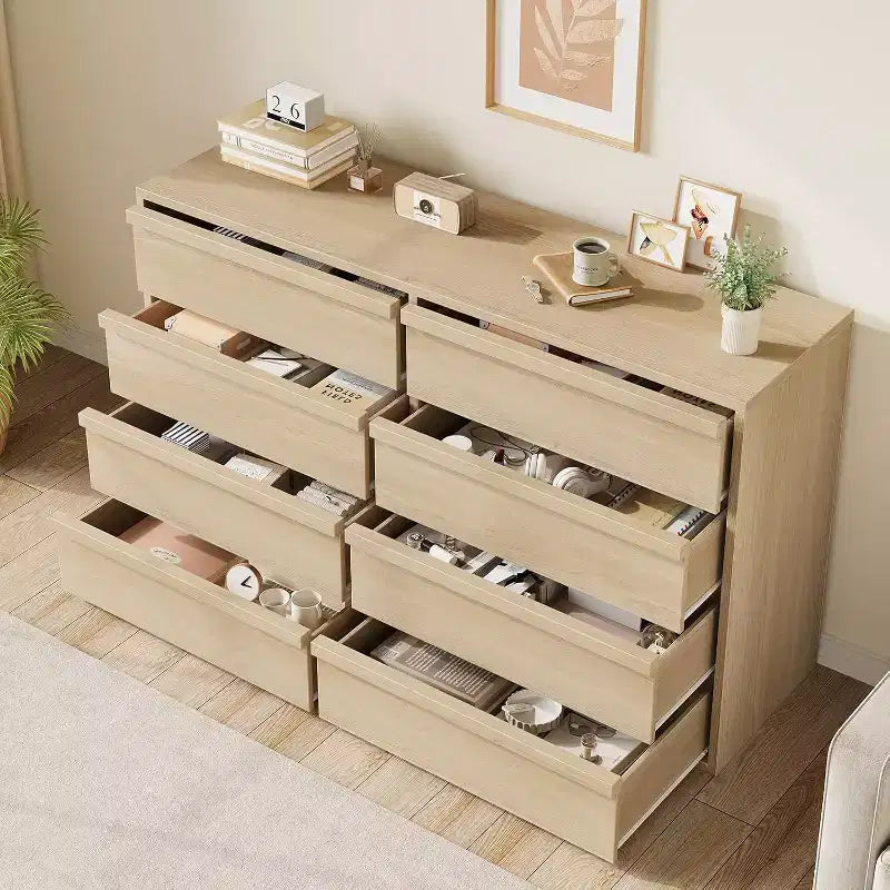 Commode à 8 tiroirs pour chambre à coucher, commode en bois de chêne naturel avec grands tiroirs de rangement, organisateur pour salon, entrée, chambre d'enfant