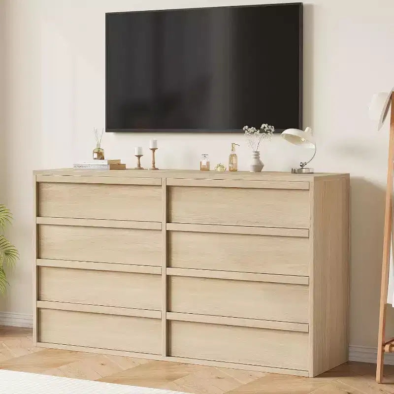 Commode à 8 tiroirs pour chambre à coucher, commode en bois de chêne naturel avec grands tiroirs de rangement, organisateur pour salon, entrée, chambre d'enfant