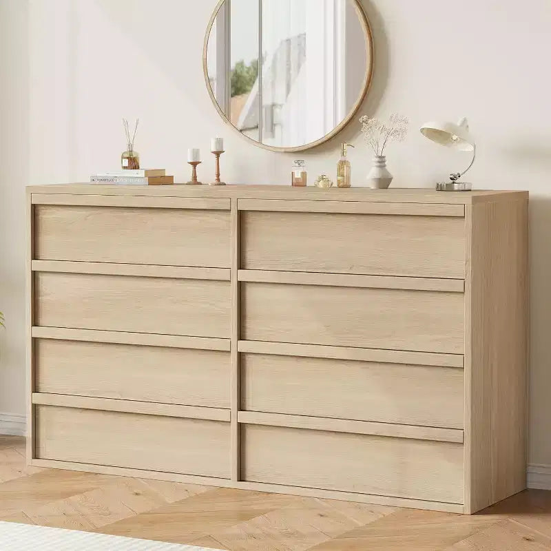 Commode à 8 tiroirs pour chambre à coucher, commode en bois de chêne naturel avec grands tiroirs de rangement, organisateur pour salon, entrée, chambre d'enfant