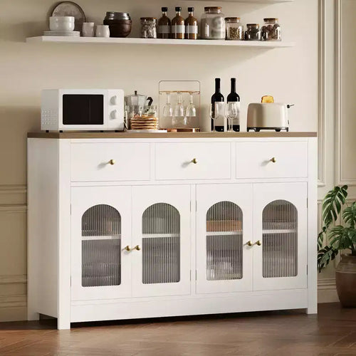 55 Inch Modern White Sideboard with Glass Doors & Storage, Heavy Duty Wood Entryway Table, Ideal Kitchen Organizer and Coffee Station Furniture