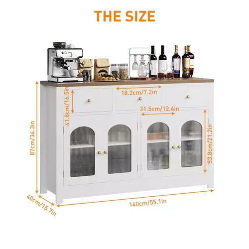 Buffet moderne blanc de 55 pouces avec portes vitrées et rangement, Table d'entrée en bois robuste, Meuble idéal pour l'organisation de la cuisine et station à café
