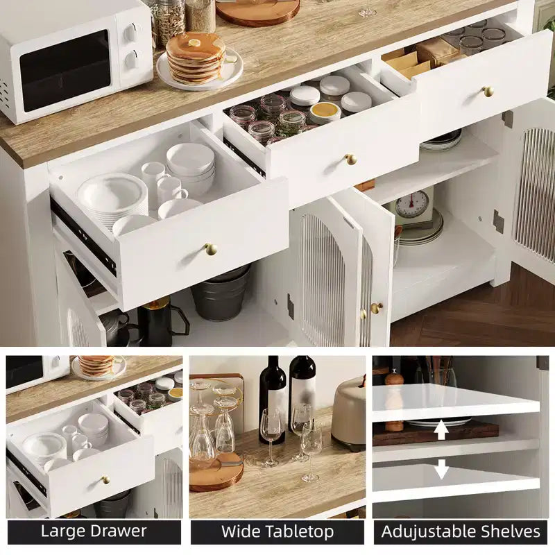 Buffet moderne blanc de 55 pouces avec portes vitrées et rangement, Table d'entrée en bois robuste, Meuble idéal pour l'organisation de la cuisine et station à café