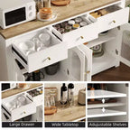 Buffet moderne blanc de 55 pouces avec portes vitrées et rangement, Table d'entrée en bois robuste, Meuble idéal pour l'organisation de la cuisine et station à café