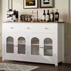 Buffet moderne blanc de 55 pouces avec portes vitrées et rangement, Table d'entrée en bois robuste, Meuble idéal pour l'organisation de la cuisine et station à café