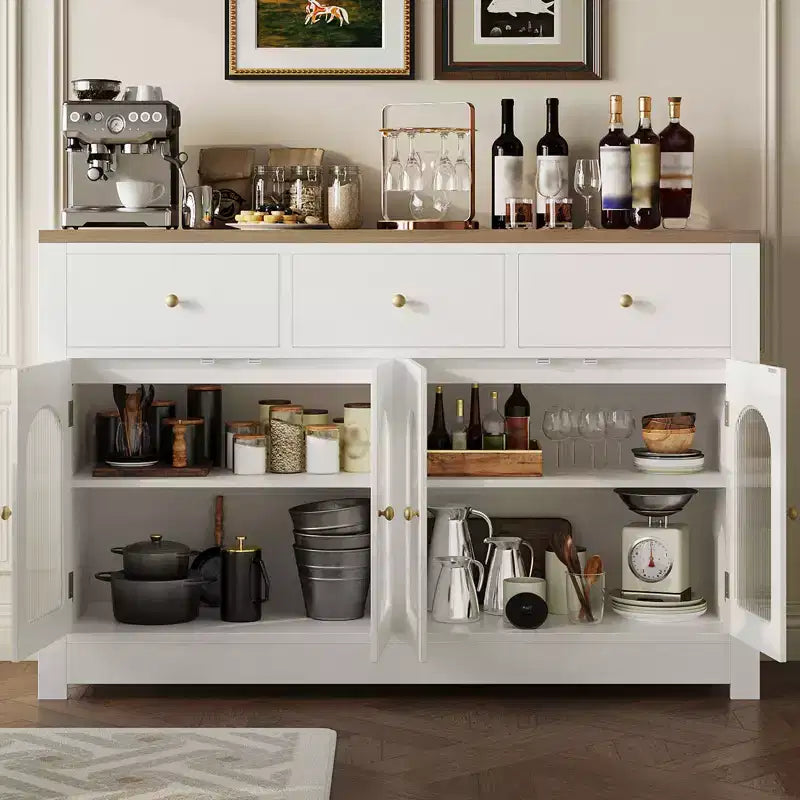 Buffet moderne blanc de 55 pouces avec portes vitrées et rangement, Table d'entrée en bois robuste, Meuble idéal pour l'organisation de la cuisine et station à café